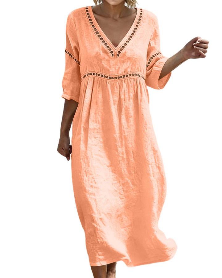 Women Long Cotton Linen Dress V-Neck Boho Style