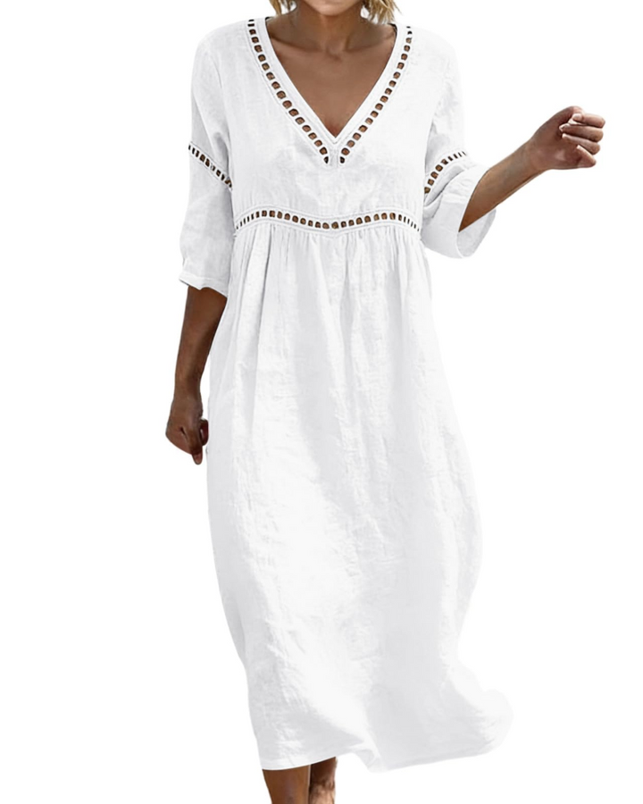 Women Long Cotton Linen Dress V-Neck Boho Style