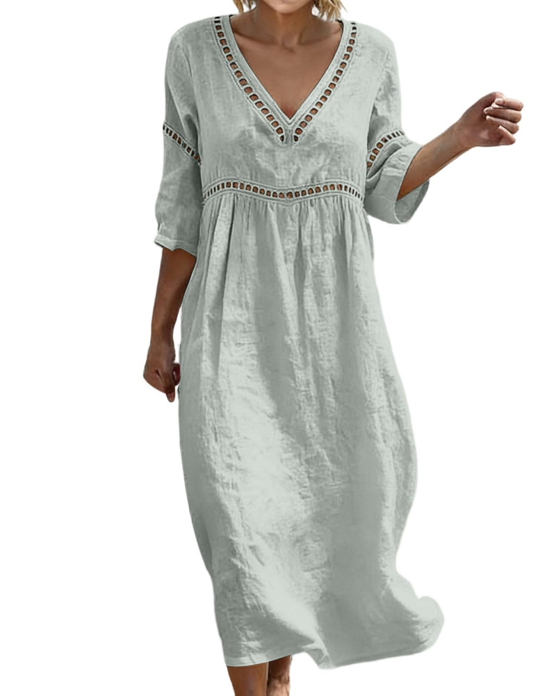 Women Long Cotton Linen Dress V-Neck Boho Style