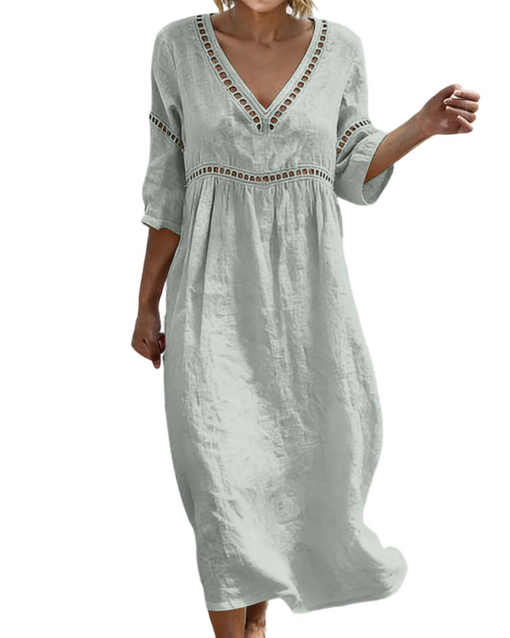 Women Long Cotton Linen Dress V-Neck Boho Style