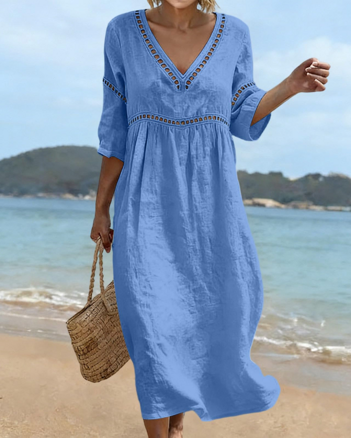 Women Long Cotton Linen Dress V-Neck Boho Style