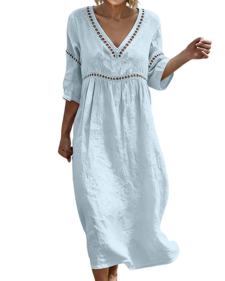 Women Long Cotton Linen Dress V-Neck Boho Style