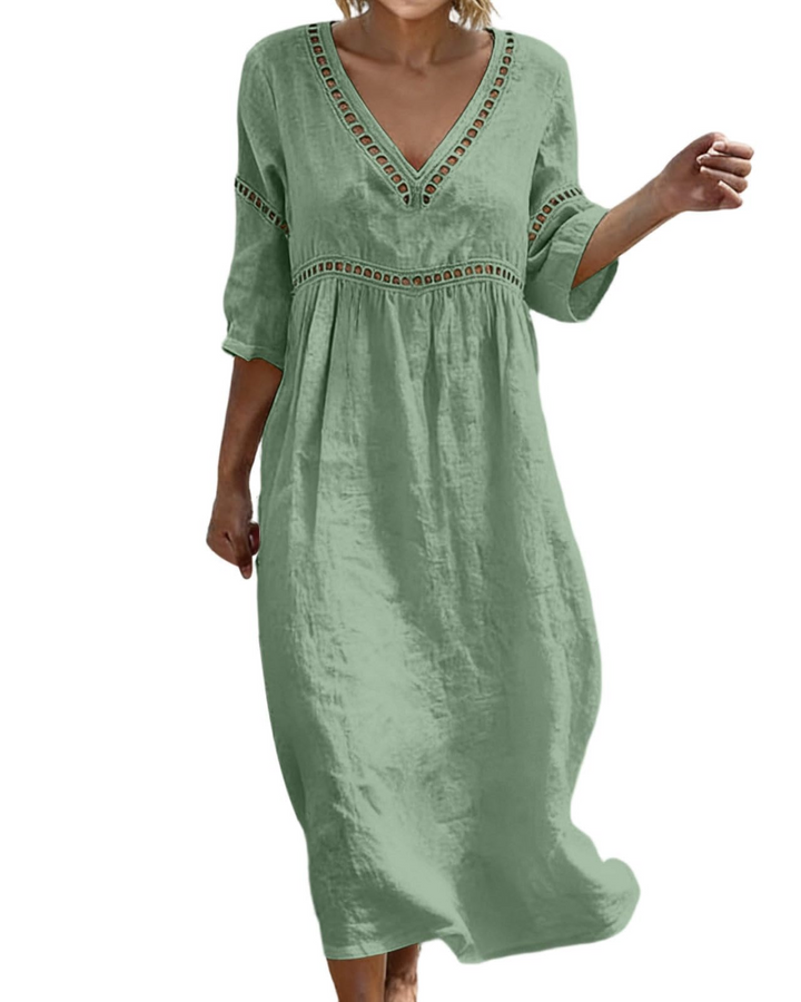 Women Long Cotton Linen Dress V-Neck Boho Style