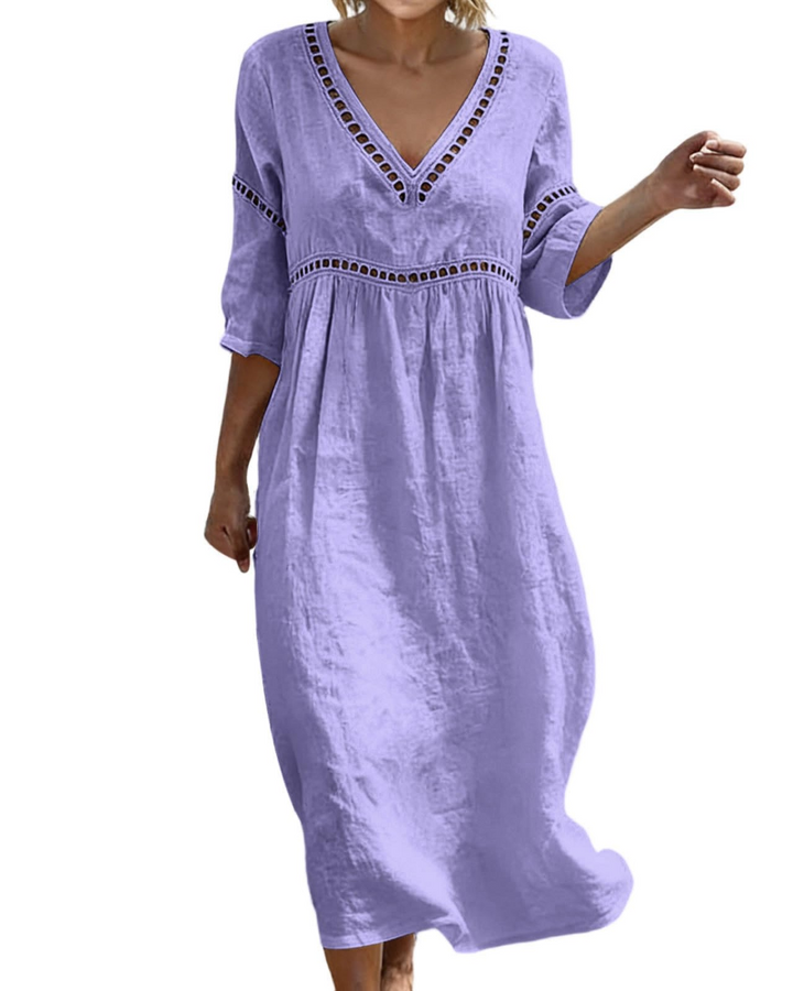 Women Long Cotton Linen Dress V-Neck Boho Style