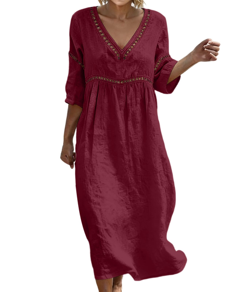 Women Long Cotton Linen Dress V-Neck Boho Style