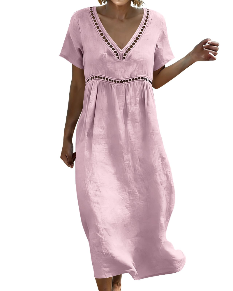 Women Long Cotton Linen Dress V-Neck Boho Style