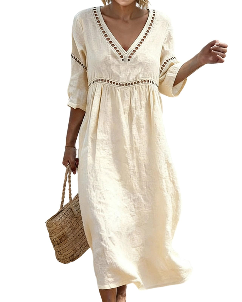 Women Long Cotton Linen Dress V-Neck Boho Style