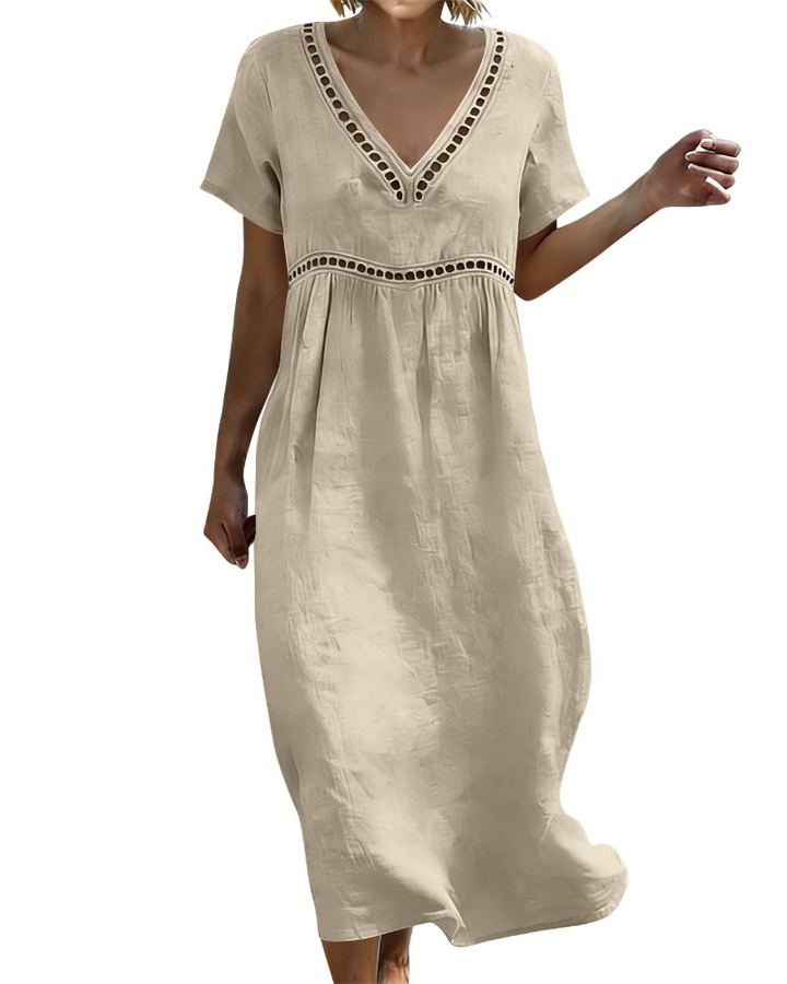 Women Long Cotton Linen Dress V-Neck Boho Style