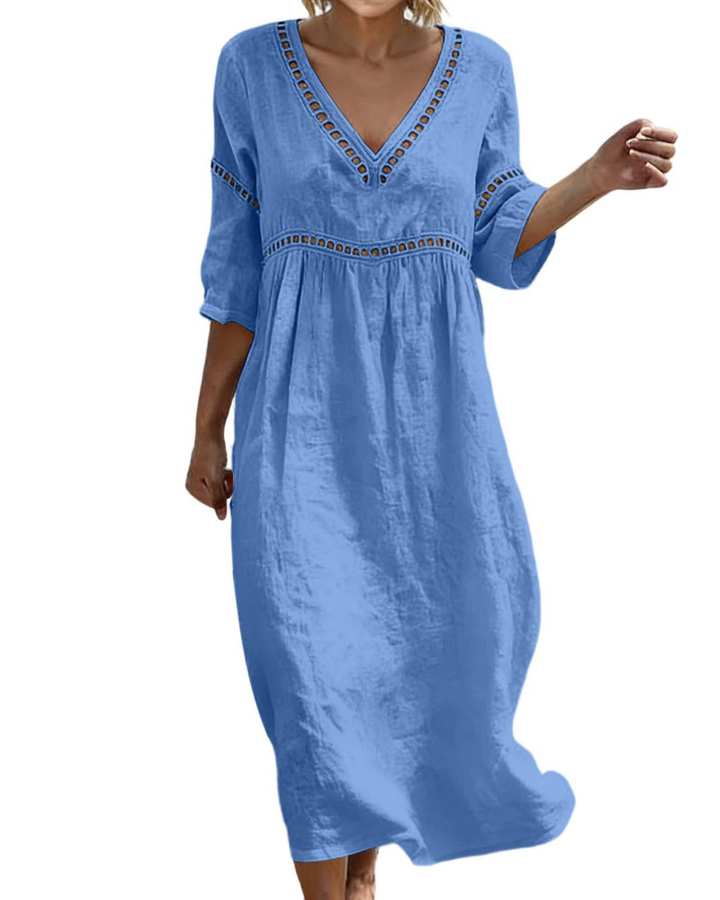 Women Long Cotton Linen Dress V-Neck Boho Style