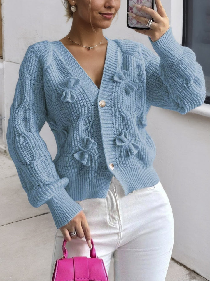 Women Cable Knit Bow Detail Cardigan Long Sleeve