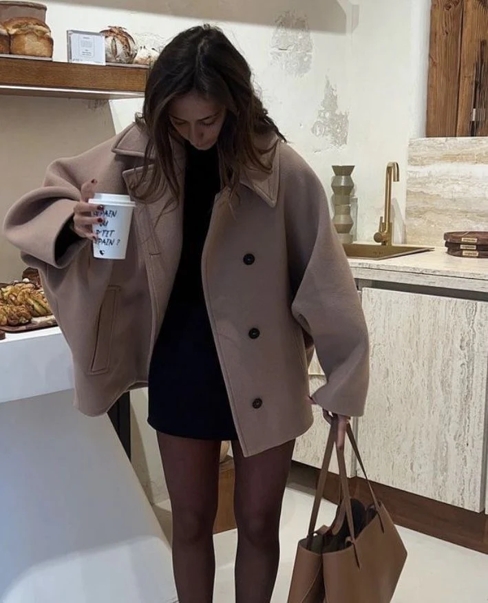 Women's Oversized Single-Breasted Wool Coat Short Fit