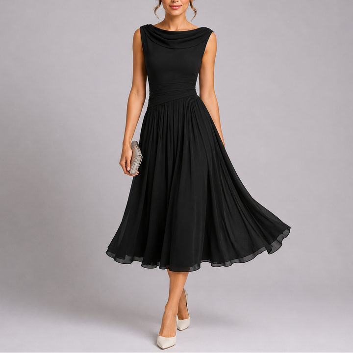 Women Pleated Midi Dress Draped Neckline Elegant