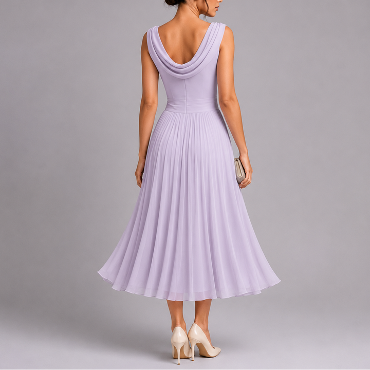 Women Pleated Midi Dress Draped Neckline Elegant