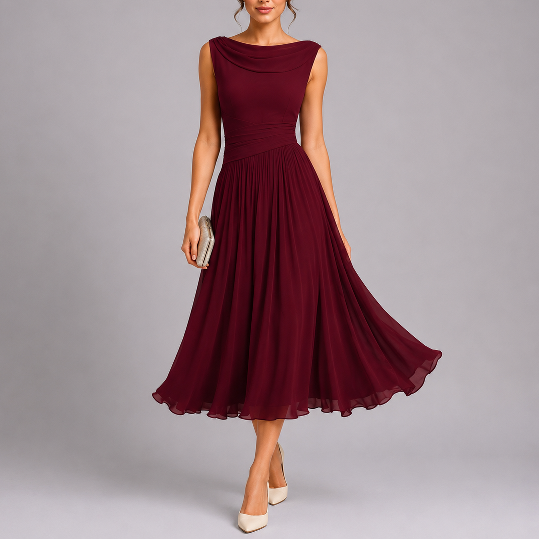 Women Pleated Midi Dress Draped Neckline Elegant