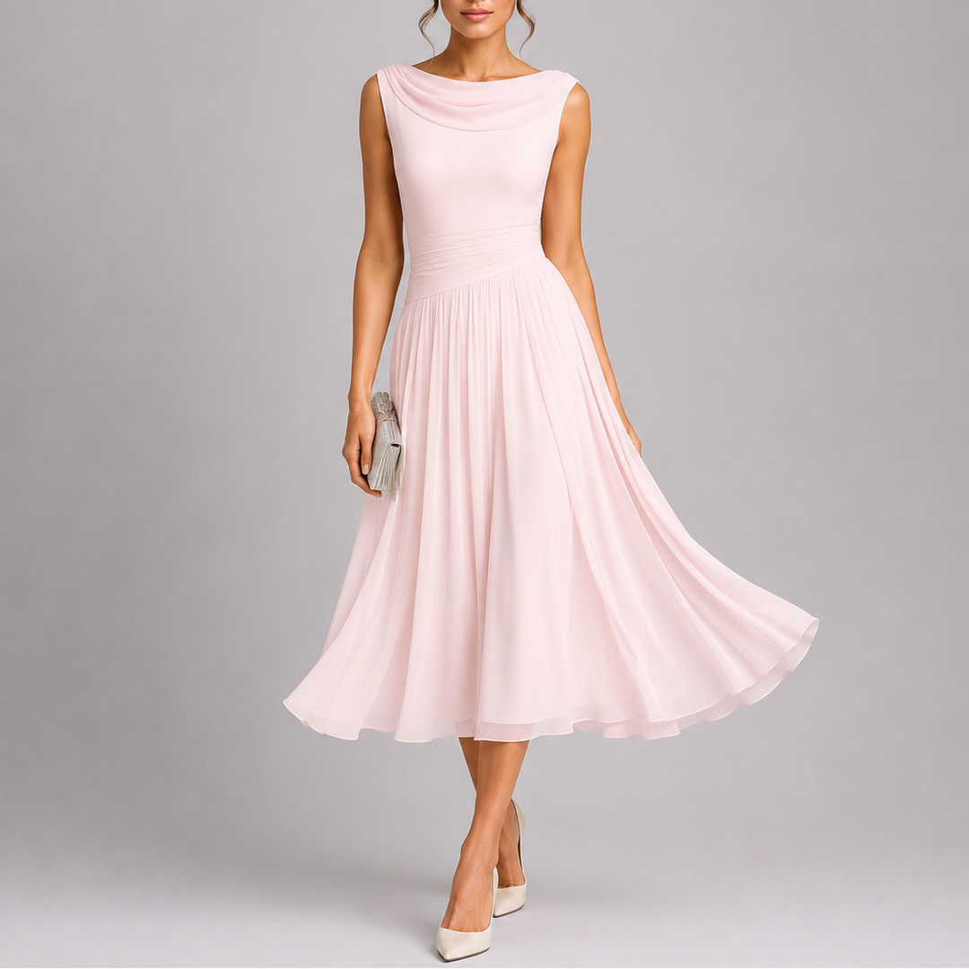 Women Pleated Midi Dress Draped Neckline Elegant