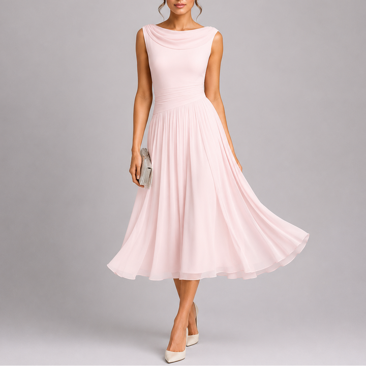 Women Pleated Midi Dress Draped Neckline Elegant