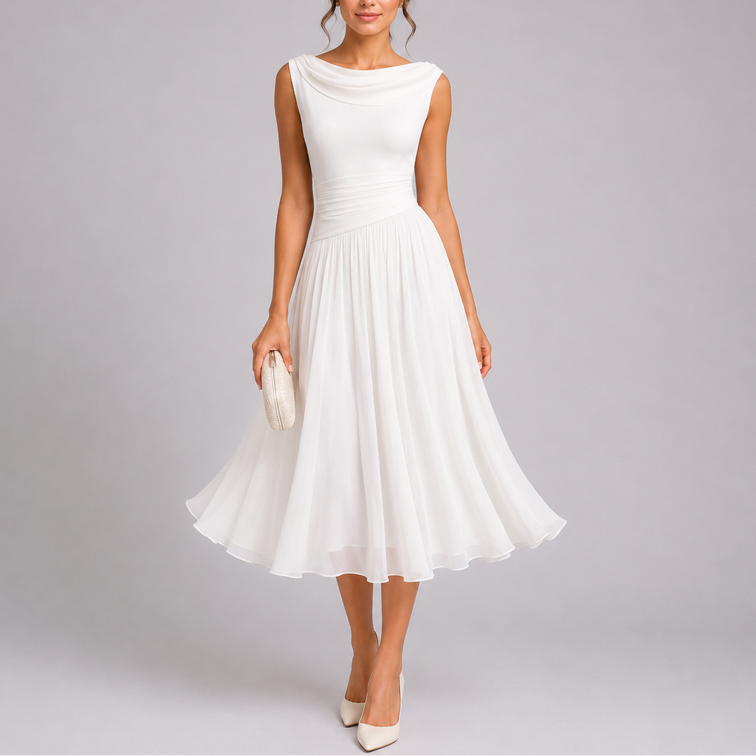Women Pleated Midi Dress Draped Neckline Elegant