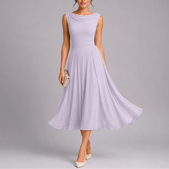 Women Pleated Midi Dress Draped Neckline Elegant