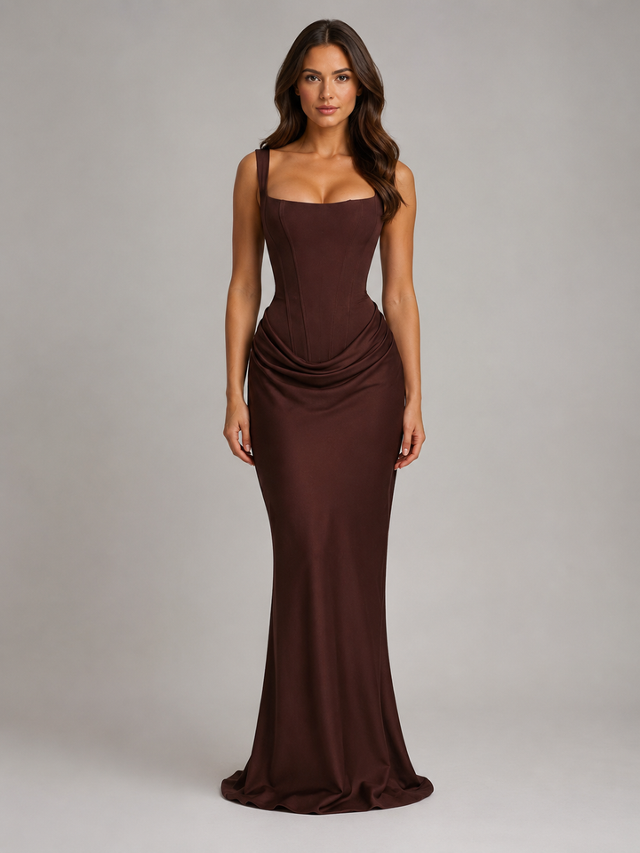 Womens Bodycon Draped Corset Maxi Dress Chocolate Brown