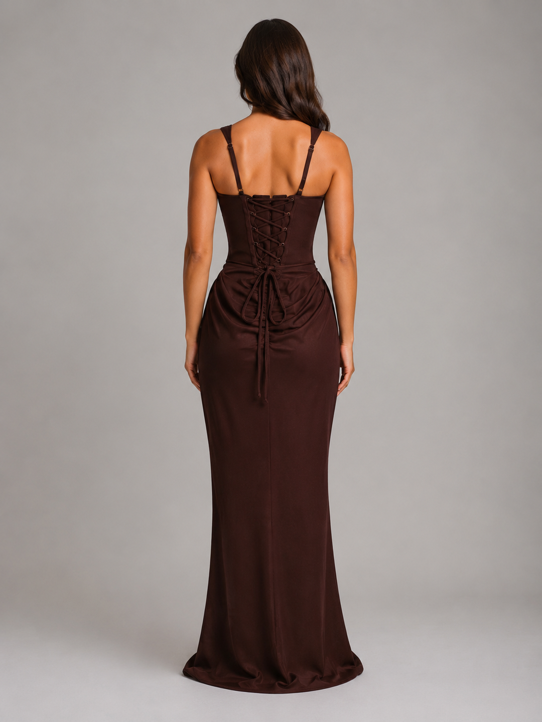Womens Bodycon Draped Corset Maxi Dress Chocolate Brown