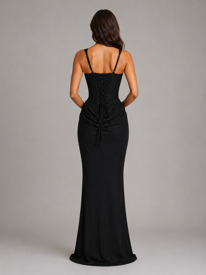 Womens Bodycon Draped Corset Maxi Dress Chocolate Brown