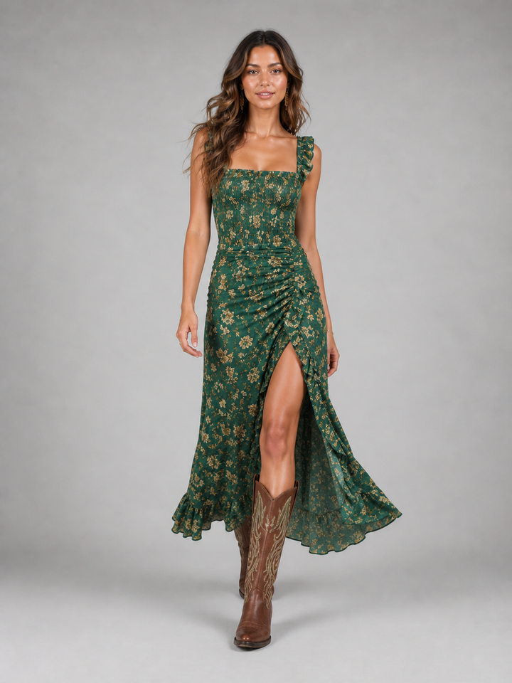 Womens Boho Floral Maxi Dress with Side Slit