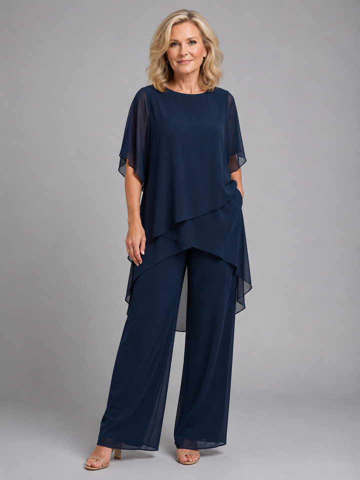 Womens Chiffon Two Piece Set Wide Leg Trousers