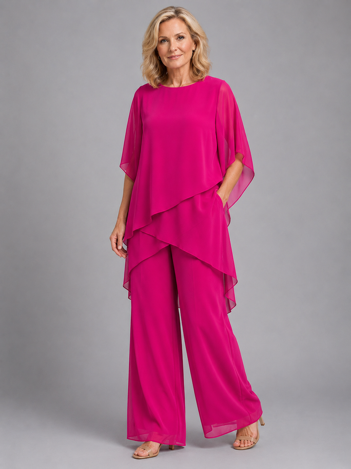 Womens Chiffon Two Piece Set Wide Leg Trousers