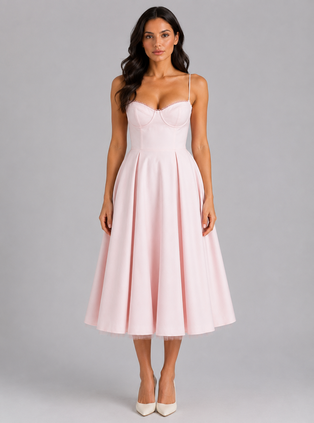 Women Corset Midi Dress Satin Full Skirt Formal
