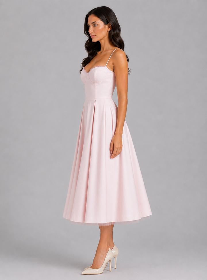Women Corset Midi Dress Satin Full Skirt Formal