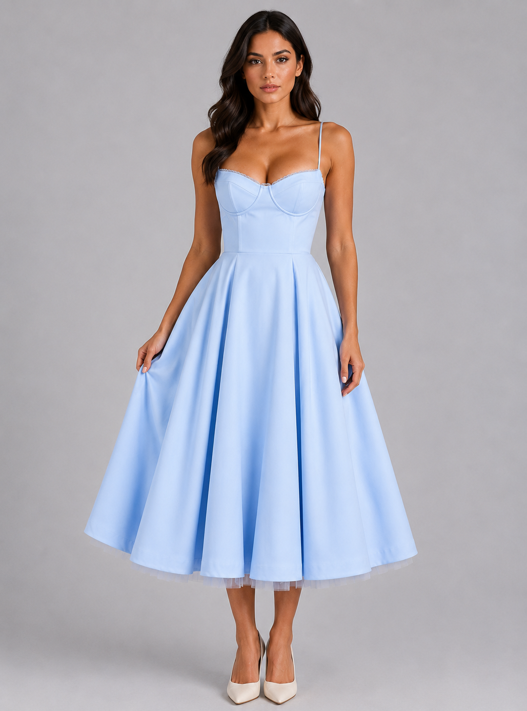 Women Corset Midi Dress Satin Full Skirt Formal