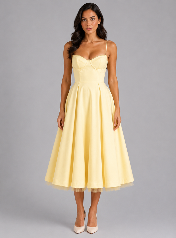 Women Corset Midi Dress Satin Full Skirt Formal