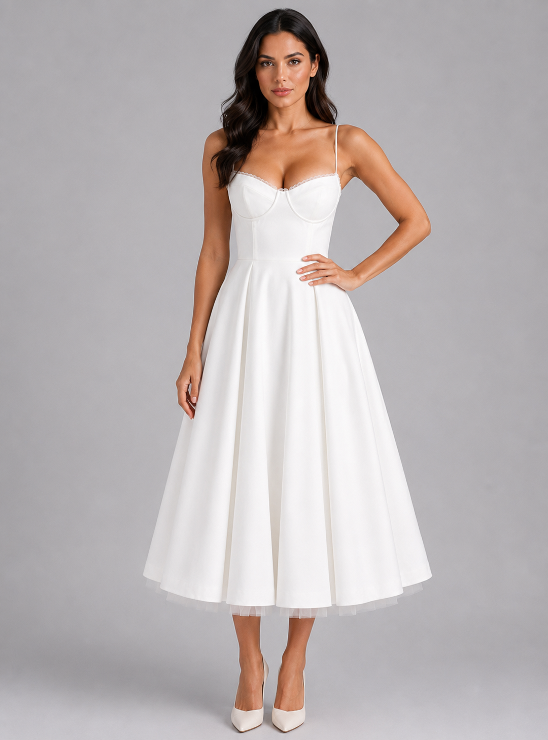 Women Corset Midi Dress Satin Full Skirt Formal