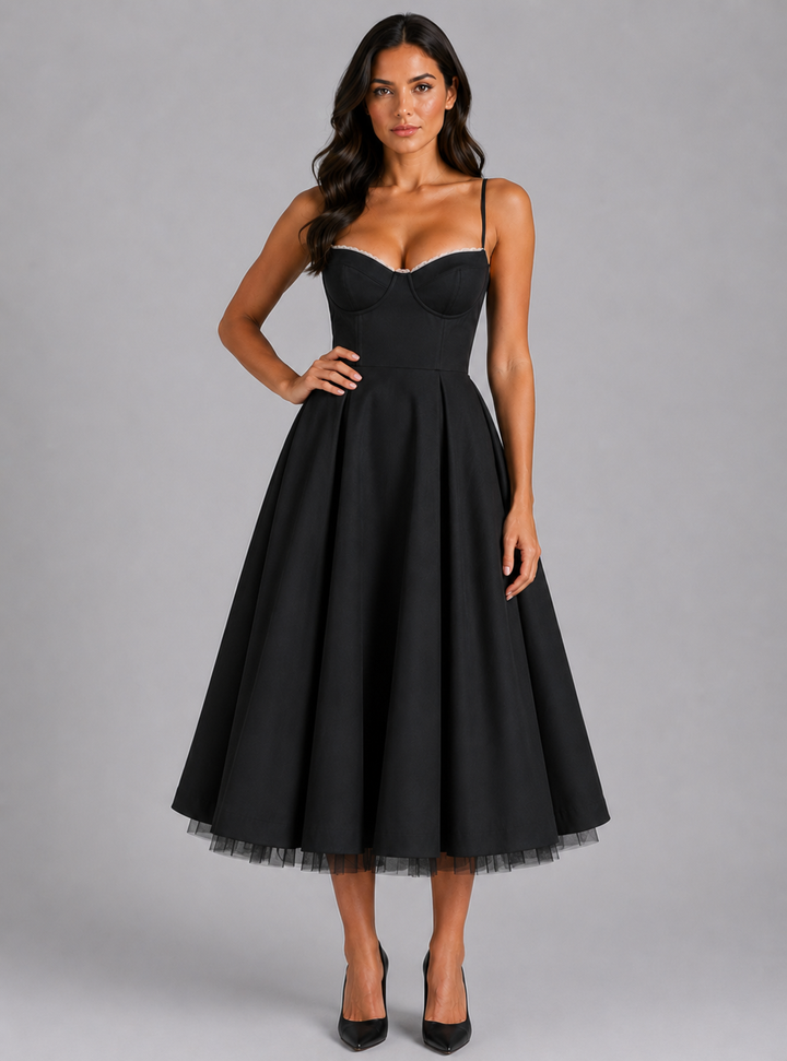 Women Corset Midi Dress Satin Full Skirt Formal