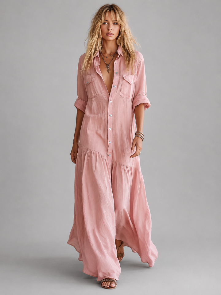 Women Linen Maxi Dress Relaxed Button Front Summer