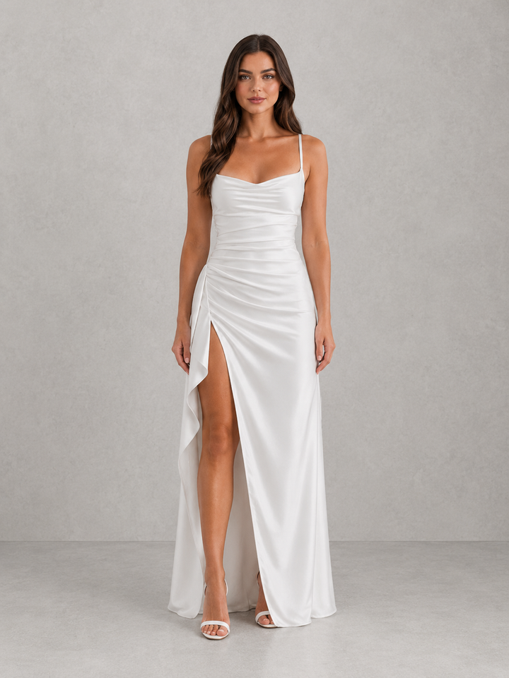 Women Satin Maxi Dress Ruched Waist Evening Gown