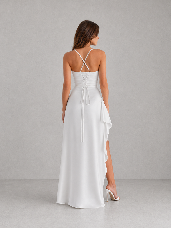 Women Satin Maxi Dress Ruched Waist Evening Gown