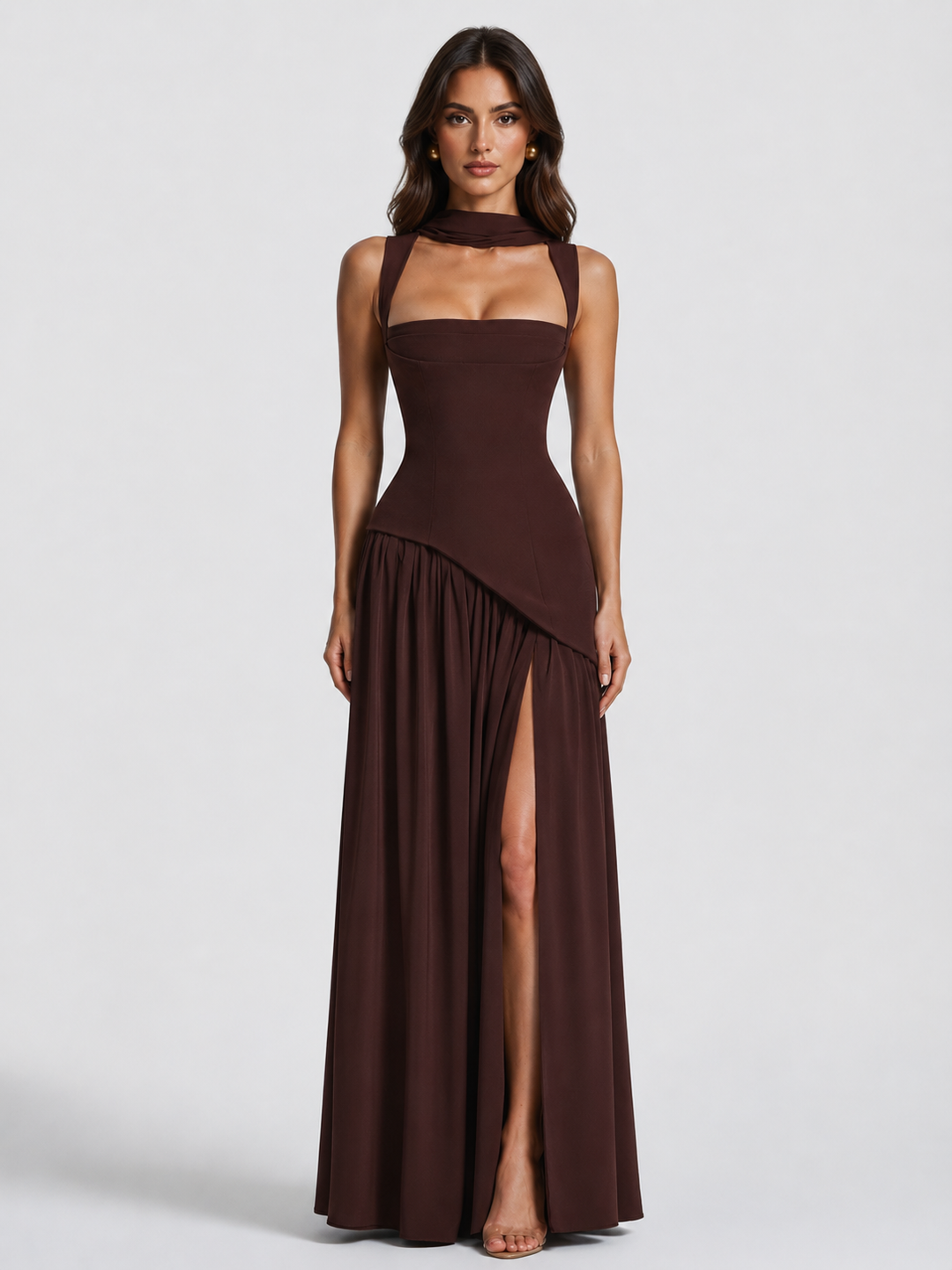 Satin Feel Draped Maxi Dress Women Elegant Silhouette