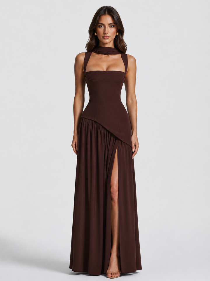 Satin Feel Draped Maxi Dress Women Elegant Silhouette