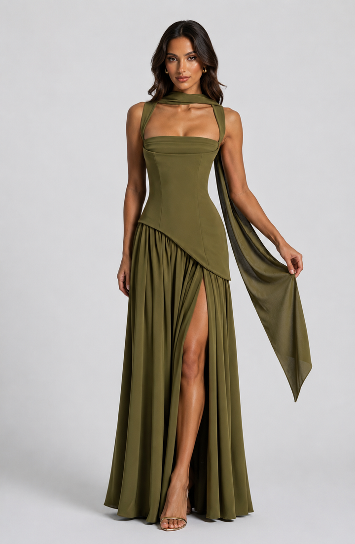 Satin Feel Draped Maxi Dress Women Elegant Silhouette