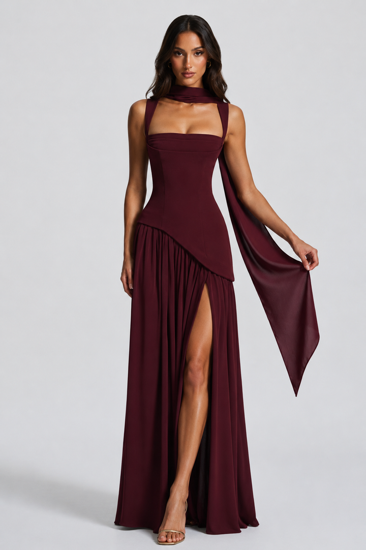 Satin Feel Draped Maxi Dress Women Elegant Silhouette