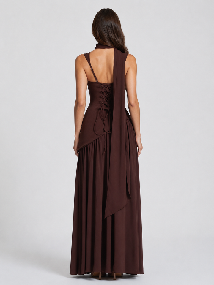 Satin Feel Draped Maxi Dress Women Elegant Silhouette