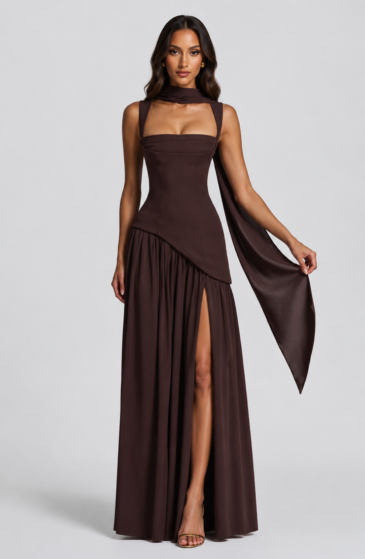 Satin Feel Draped Maxi Dress Women Elegant Silhouette