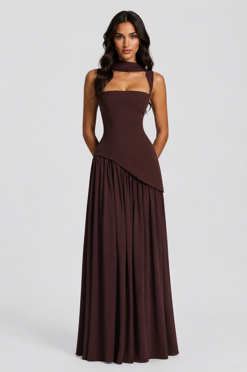 Satin Feel Draped Maxi Dress Women Elegant Silhouette