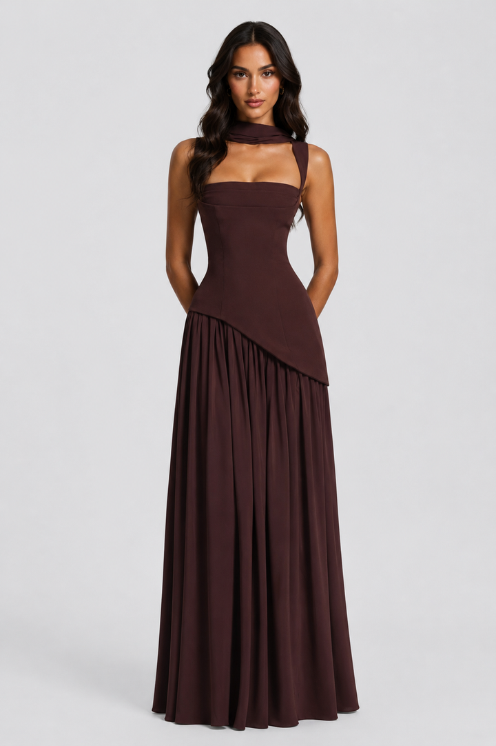 Satin Feel Draped Maxi Dress Women Elegant Silhouette