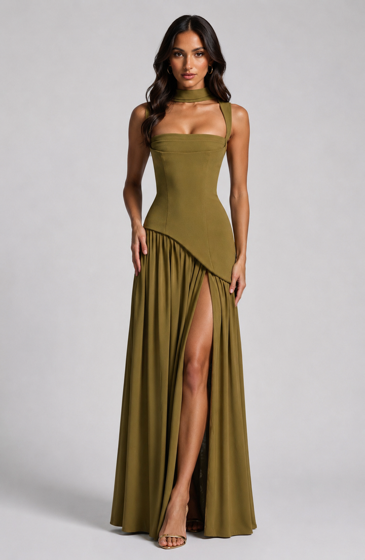 Satin Feel Draped Maxi Dress Women Elegant Silhouette