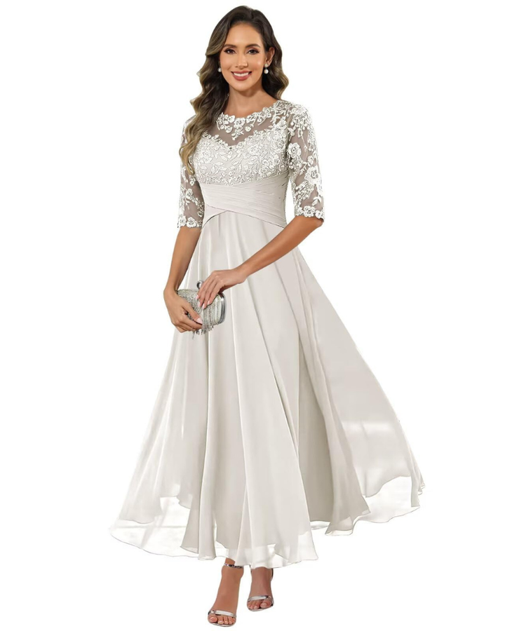 Women Evening Gown Lace Chiffon 3/4 Sleeve A-Line Dress