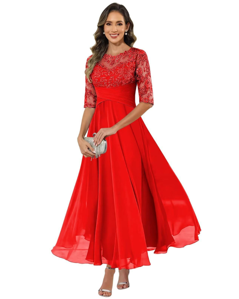Women Evening Gown Lace Chiffon 3/4 Sleeve A-Line Dress