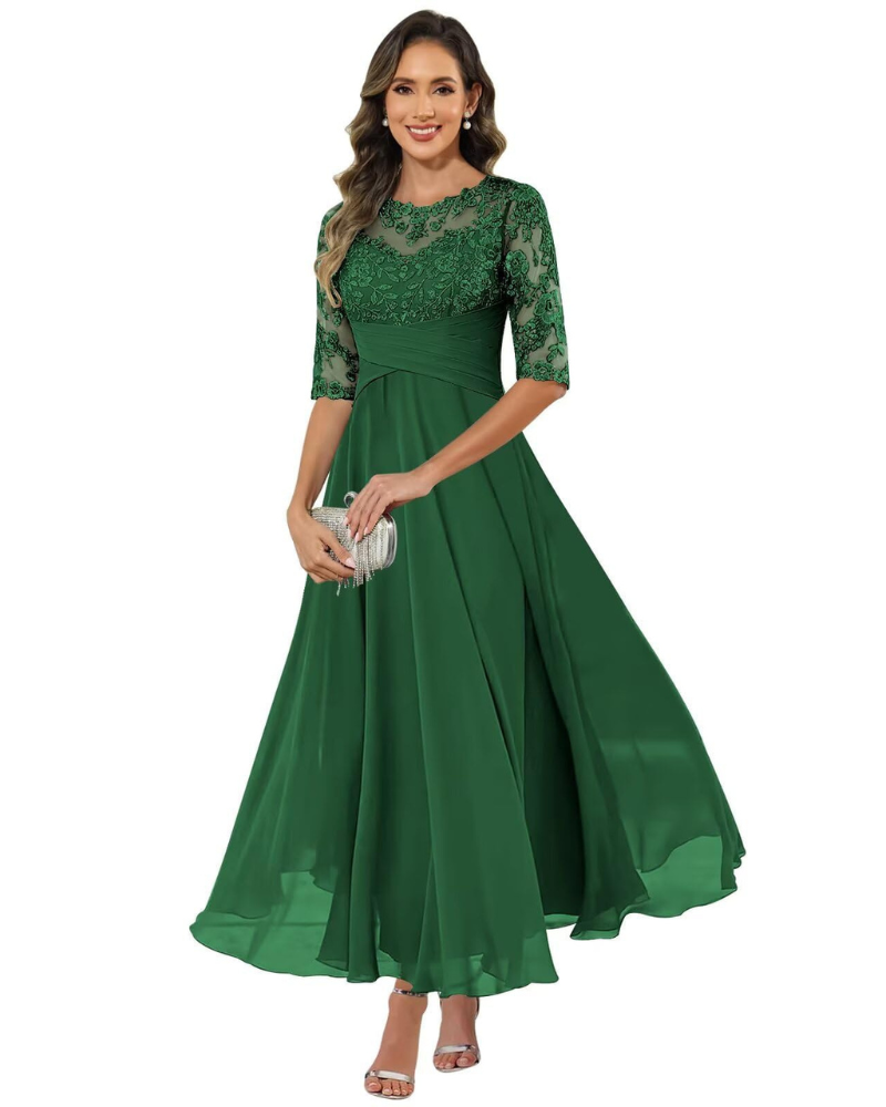 Women Evening Gown Lace Chiffon 3/4 Sleeve A-Line Dress