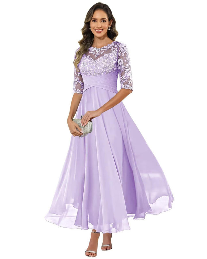 Women Evening Gown Lace Chiffon 3/4 Sleeve A-Line Dress